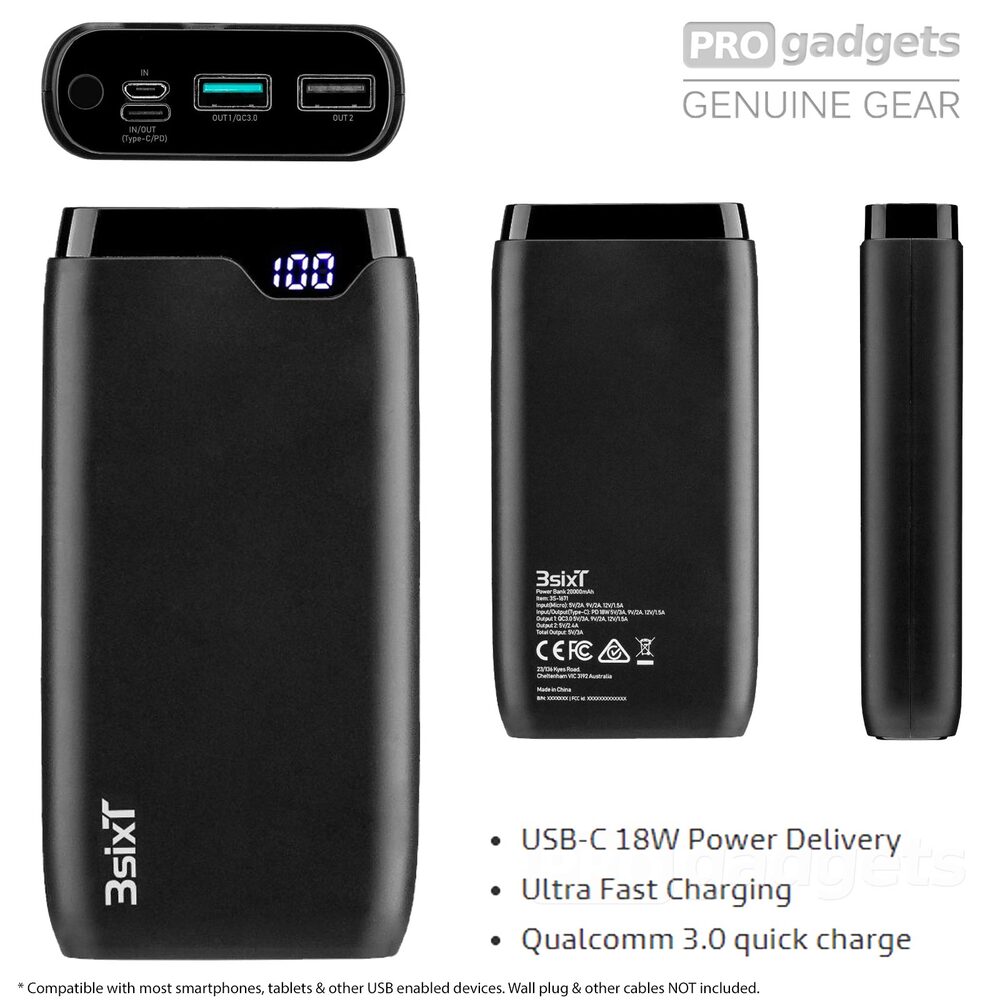 3SIXT JetPak Pro LED PD 20000mAh USB-C USB-A QC 3.0 Power Bank